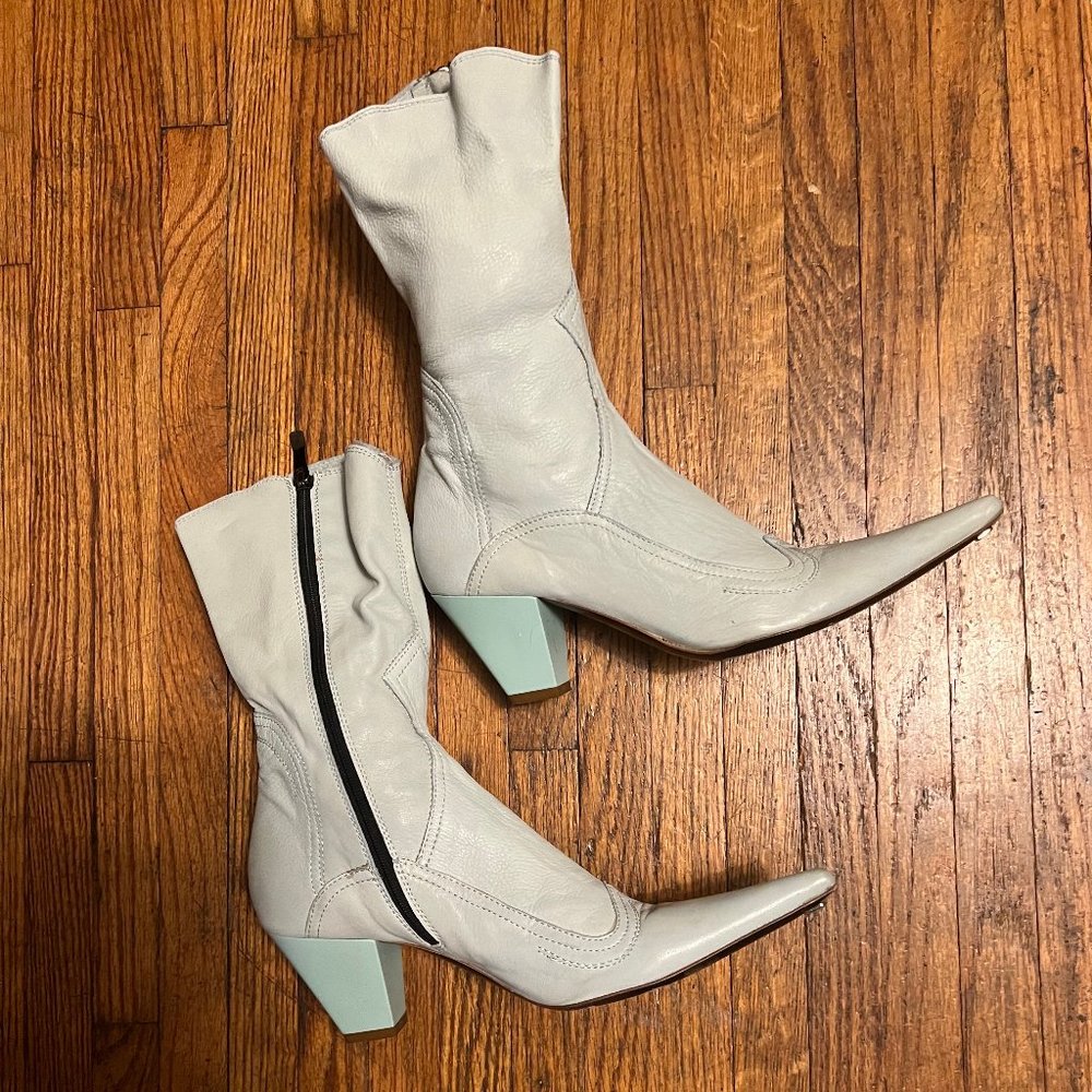 R & Renzi Vero Cuoio Powder Baby Blue Italian Leather Boots Size 38 Cowboy style